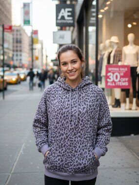 Lavender Gray Leopard Print Pullover Hoodie Small